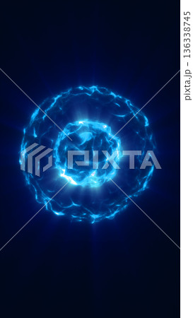 Glowing blue spherical energy formation with radiant light and textured particle layers in a dark cosmic space 136338745
