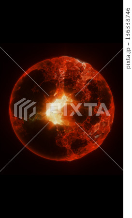 Fiery red molten sphere with glowing fractures and intense internal heat radiating from the core 136338746