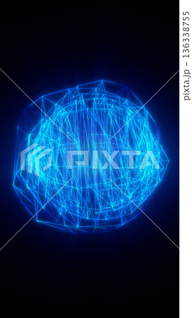 Glowing blue wireframe sphere with connected lines, futuristic digital globe concept for AI, network, cyberspace, and technology innovation on dark background Glowing blue wireframe sphere with connected lines, futuristic digital globe concept for AI, network, cyberspace, and technology innovation on dark background 136338755
