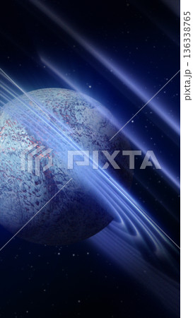 Blue-textured planet floating in space surrounded by glowing horizontal energy rings and a starry sky Blue-textured planet floating in space surrounded by glowing horizontal energy rings and a starry sky 136338765