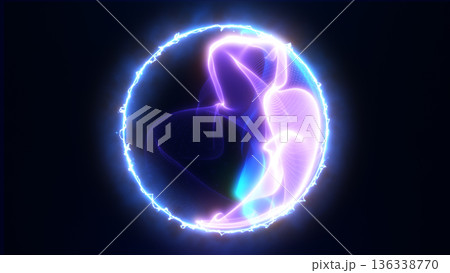 Futuristic blue and violet glowing energy orb with flowing plasma waves, representing digital power, innovation, and light dynamics 136338770