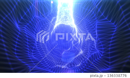 Intense blue electric mesh forming a bright digital tunnel with swirling geometric lines and neon energy patterns Intense blue electric mesh forming a bright digital tunnel with swirling geometric lines and neon energy patterns 136338776