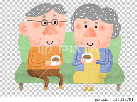 ソファでコーヒーを楽しむ仲の良い高齢者夫婦のイラスト ソファでコーヒーを楽しむ仲の良い高齢者夫婦のイラスト 136338791
