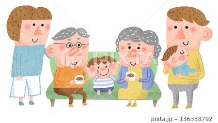 高齢者と子育て世代が集う多世代家族のイラスト 高齢者と子育て世代が集う多世代家族のイラスト 136338792