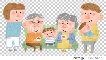 高齢者と子育て世代が集う多世代家族のイラスト 高齢者と子育て世代が集う多世代家族のイラスト 136338792