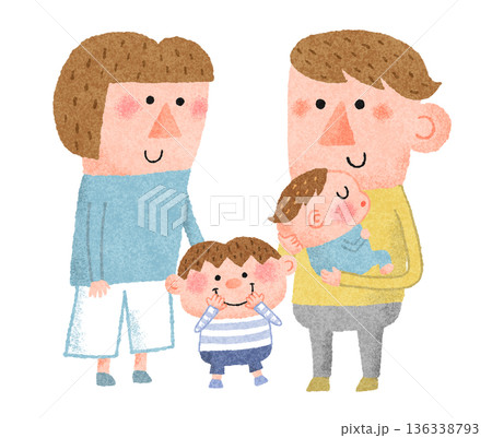 赤ちゃんと幼児を育てる若い家族のイラスト 136338793
