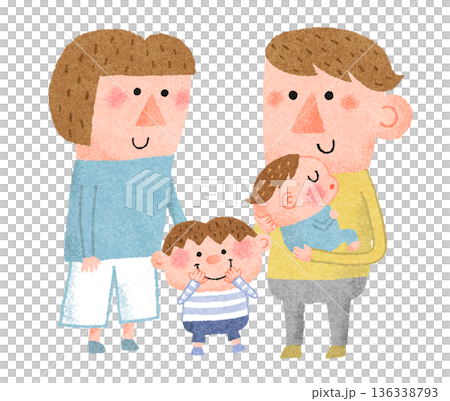 赤ちゃんと幼児を育てる若い家族のイラスト 136338793