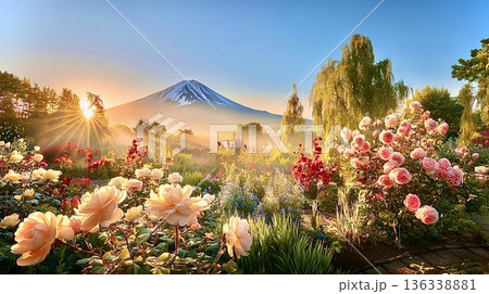 朝光に咲く薔薇と富士 136338881