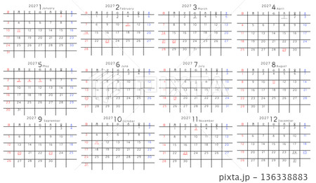 2027年 1月から12月 年間カレンダー 曜日日本語 2027年 1月から12月 年間カレンダー 曜日日本語 136338883