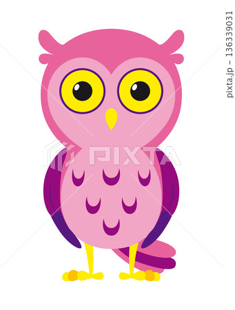 A pink and purple owl with yellow eyes on a white background 136339031