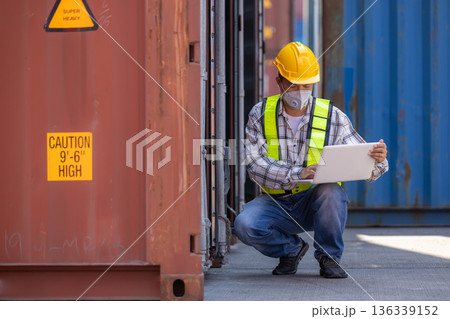 Foreman or worker work at Container cargo site check up goods in container. Foreman or worker work at Container cargo site check up goods in container. 136339152