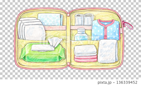 おむつ替えポーチの中身イラスト 外出時の育児必需品 136339452