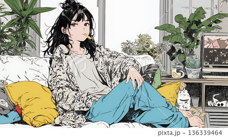 ポテトチップスをつまみながら、ひとりでビデオを観る若い女性