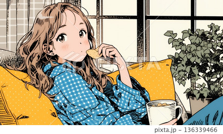 ポテトチップスをつまみながら、ひとりでビデオを観る若い女性