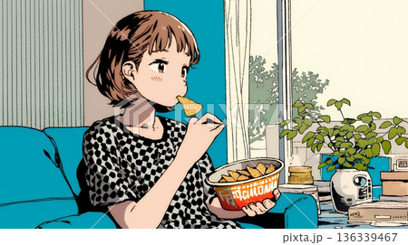 ポテトチップスをつまみながら、ひとりでビデオを観る若い女性