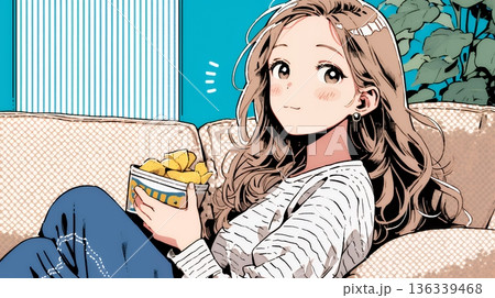 ポテトチップスをつまみながら、ひとりでビデオを観る若い女性