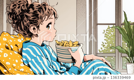 ポテトチップスをつまみながら、ひとりでビデオを観る若い女性