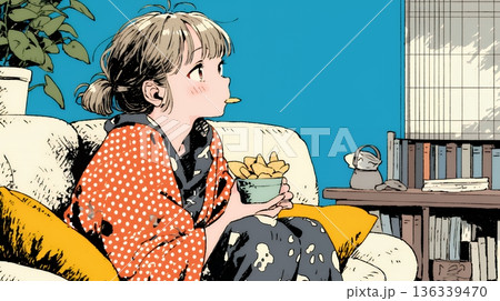 ポテトチップスをつまみながら、ひとりでビデオを観る若い女性