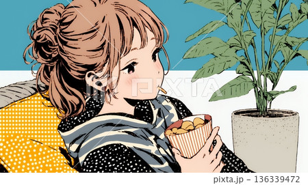 ポテトチップスをつまみながら、ひとりでビデオを観る若い女性