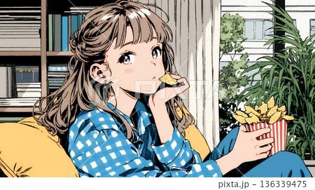 ポテトチップスをつまみながら、ひとりでビデオを観る若い女性