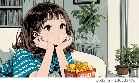 ポテトチップスをつまみながら、ひとりでビデオを観る若い女性