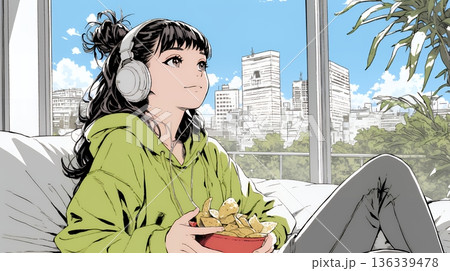 ポテトチップスをつまみながら、ひとりでビデオを観る若い女性
