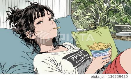 ポテトチップスをつまみながら、ひとりでビデオを観る若い女性