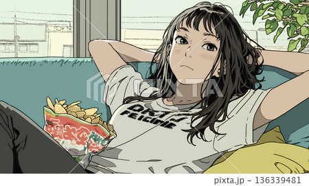 ポテトチップスをつまみながら、ひとりでビデオを観る若い女性