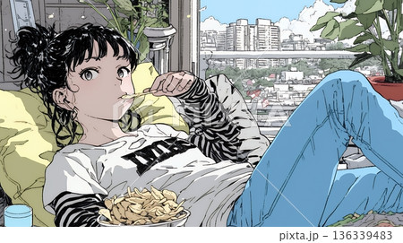 ポテトチップスをつまみながら、ひとりでビデオを観る若い女性