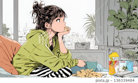 ポテトチップスをつまみながら、ひとりでビデオを観る若い女性