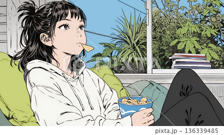 ポテトチップスをつまみながら、ひとりでビデオを観る若い女性