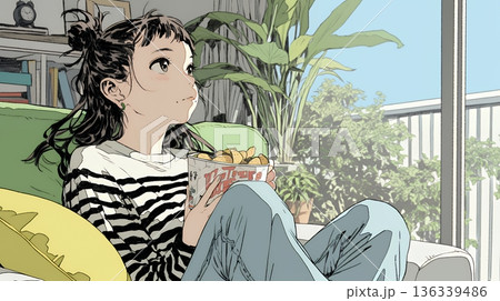 ポテトチップスをつまみながら、ひとりでビデオを観る若い女性