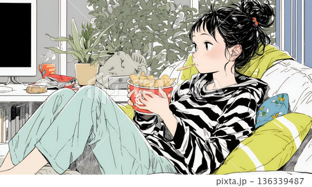 ポテトチップスをつまみながら、ひとりでビデオを観る若い女性