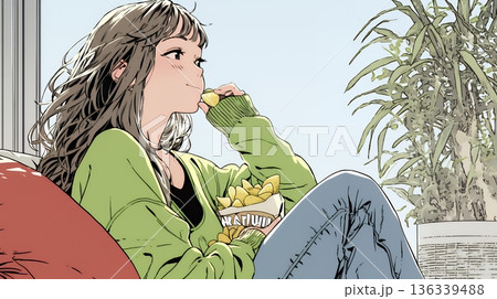 ポテトチップスをつまみながら、ひとりでビデオを観る若い女性