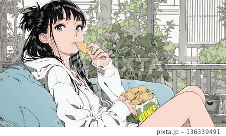 ポテトチップスをつまみながら、ひとりでビデオを観る若い女性