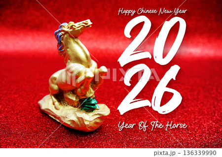 Happy Chinese New Year 2026, Year of the Horse, Chinese zodiac sign on red background 136339990