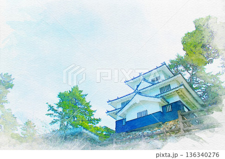 [愛知県]豊橋市今橋町の吉田城鉄櫓の水彩画 136340276
