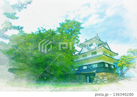 [愛知県]豊橋市今橋町の吉田城鉄櫓の水彩画 136340280