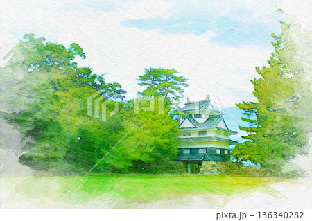 [愛知県]豊橋市今橋町の吉田城鉄櫓の水彩画 136340282