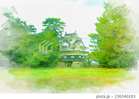 [愛知県]豊橋市今橋町の吉田城鉄櫓の水彩画 136340283