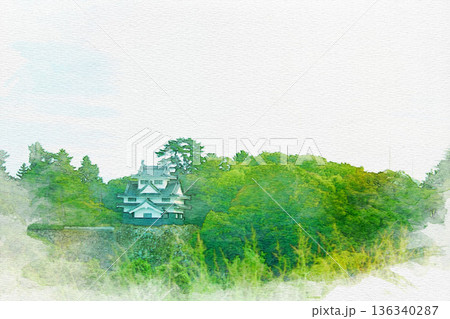 [愛知県]豊橋市今橋町の吉田城鉄櫓の水彩画 136340287