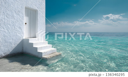 海へと続く白い扉と階段の幻想的なリゾート風景 海へと続く白い扉と階段の幻想的なリゾート風景 136340295