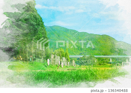 [愛知県]新城市長篠·設楽原の戦い馬防柵の水彩画 136340488