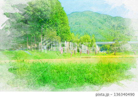 [愛知県]新城市長篠·設楽原の戦い馬防柵の水彩画 136340490