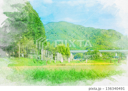 [愛知県]新城市長篠·設楽原の戦い馬防柵の水彩画 136340491