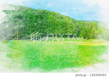 [愛知県]新城市長篠·設楽原の戦い馬防柵の水彩画 136340493