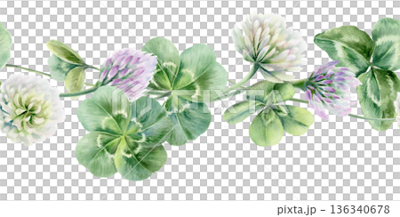 Seamless border of shamrocks and four leaves clover,lilac and white flowers.Watercolor ilustration,symbolizing luck and new beginnings,for wedding invitations,bridal party decor,romantic celebrations Seamless border of shamrocks and four leaves clover,lilac and white flowers.Watercolor ilustration,symbolizing luck and new beginnings,for wedding invitations,bridal party decor,romantic celebrations 136340678