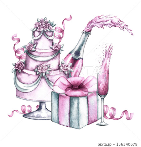 Festive pink cake with champagne and a gift. Hand-drawn watercolor illustration. Perfect for weddings, birthdays, anniversaries, invitation and greeting cards, banners and posters, menus, and flyers. 136340679