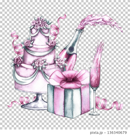 Festive pink cake with champagne and a gift. Hand-drawn watercolor illustration. Perfect for weddings, birthdays, anniversaries, invitation and greeting cards, banners and posters, menus, and flyers. 136340679