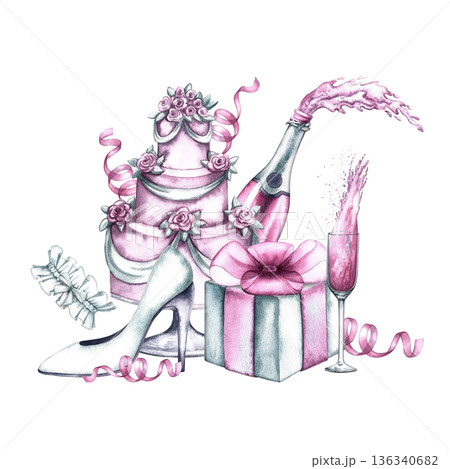A festive cake with pink champagne, a gift, and a bride's shoe. Hand-drawn watercolor illustration. Perfect for weddings and bachelorettes, invitation and greeting cards, banners, and posters. 136340682
